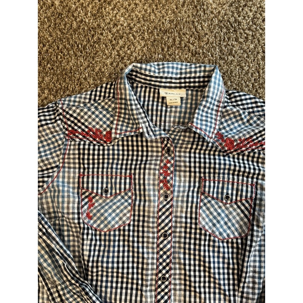 Blue Ariat Western Style Gingham Button-Up Shirt, Red Embroidered American Rose - Picture 2 of 9